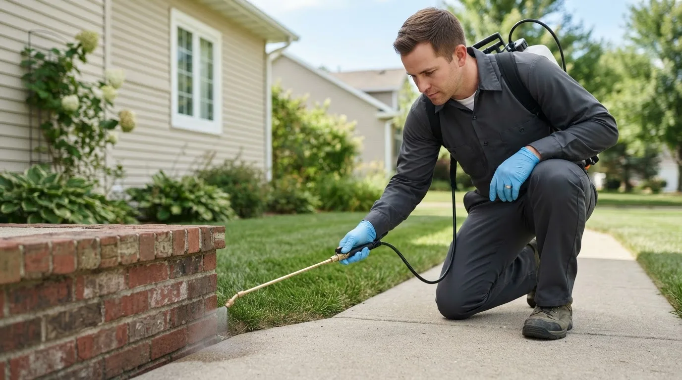 Pest control technician treating a home near Shelbyville, IL