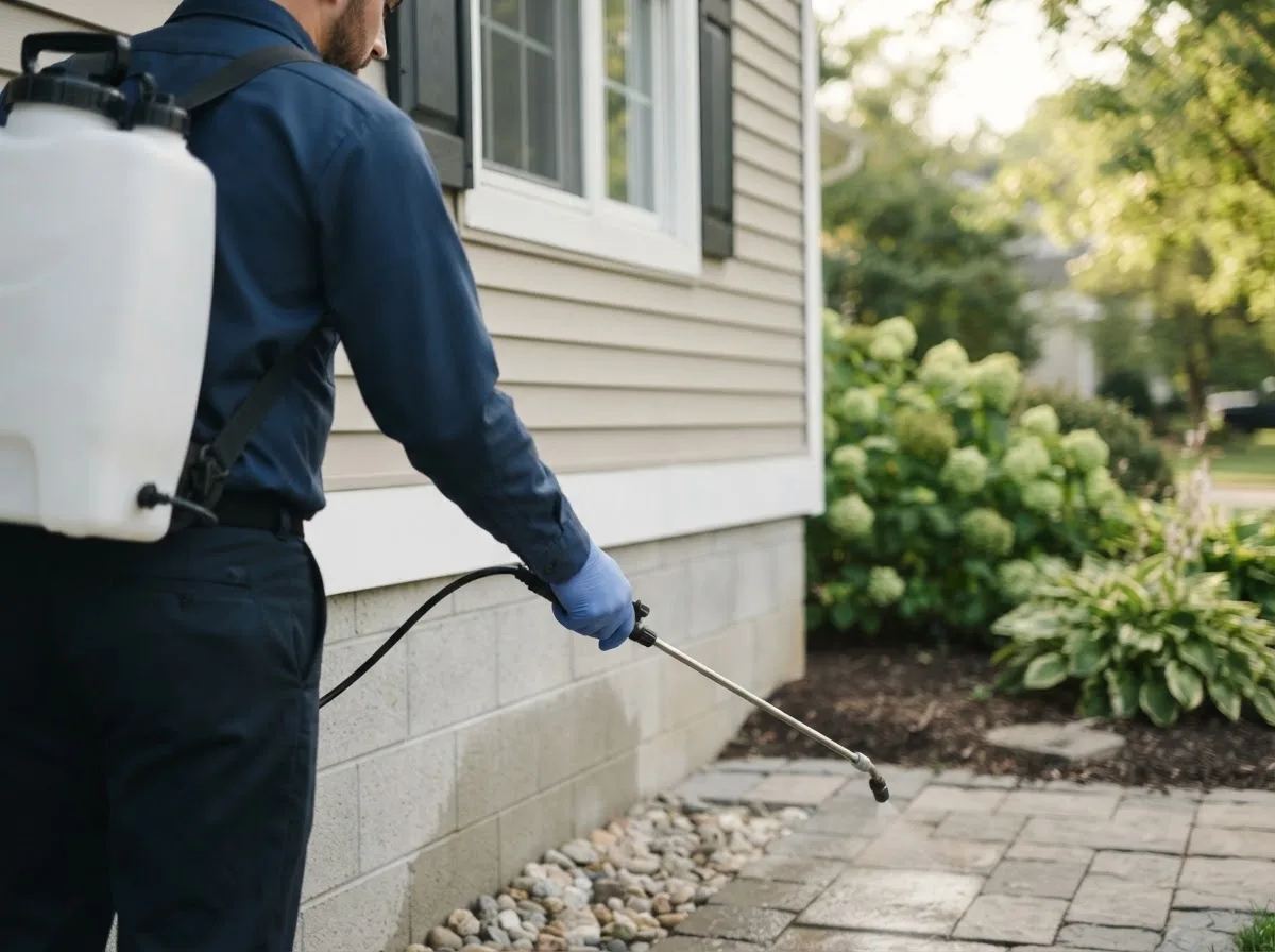 Pest control technician inspecting a home in Shelbyville, IL